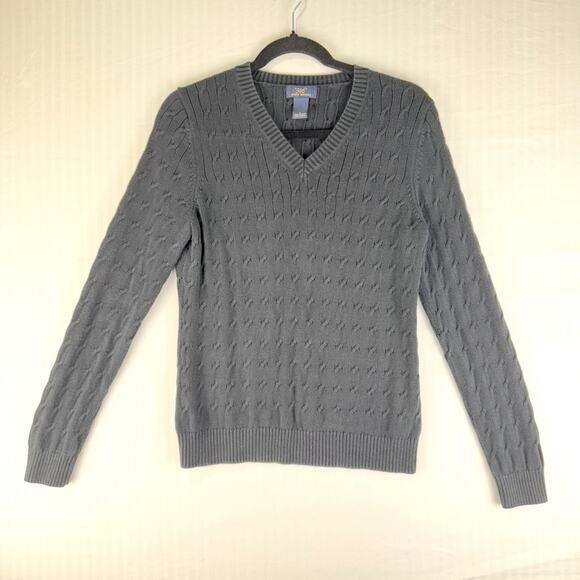 Brooks Brothers 346 Black Cable Knit Cotton V-Neck Sweater Women’s Size Large - Picture 1 of 5